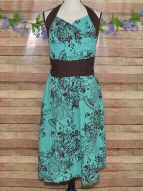 Cassee's Floral Halter Dress Blue Brown Size 2X Cotton Boho Midi Sundress Retro